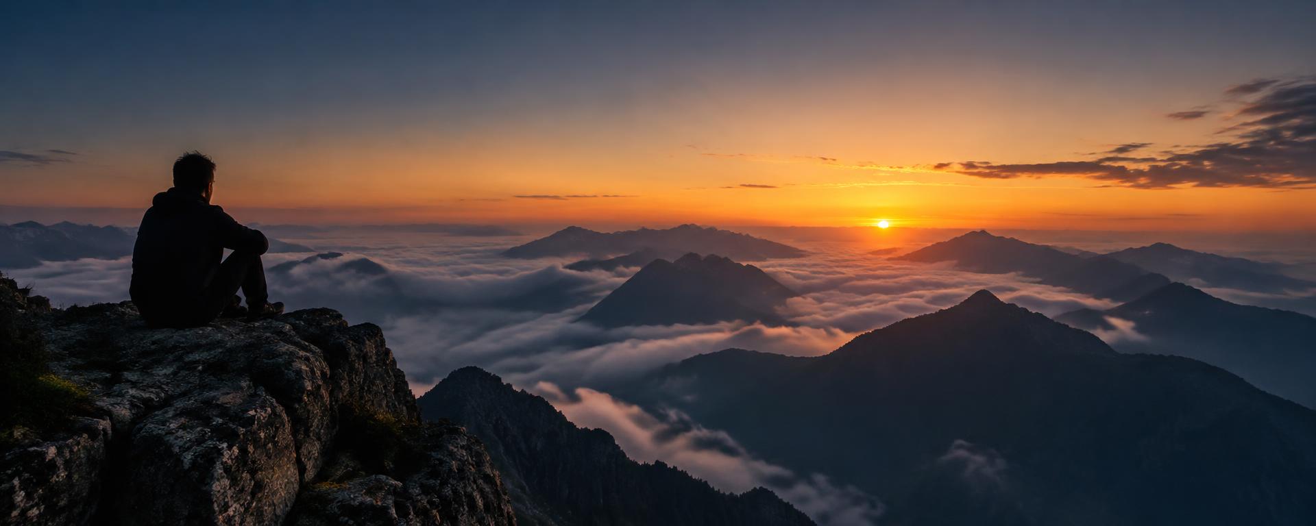 Trader sitting on a mountain ridge overlooking peaks at sunrise