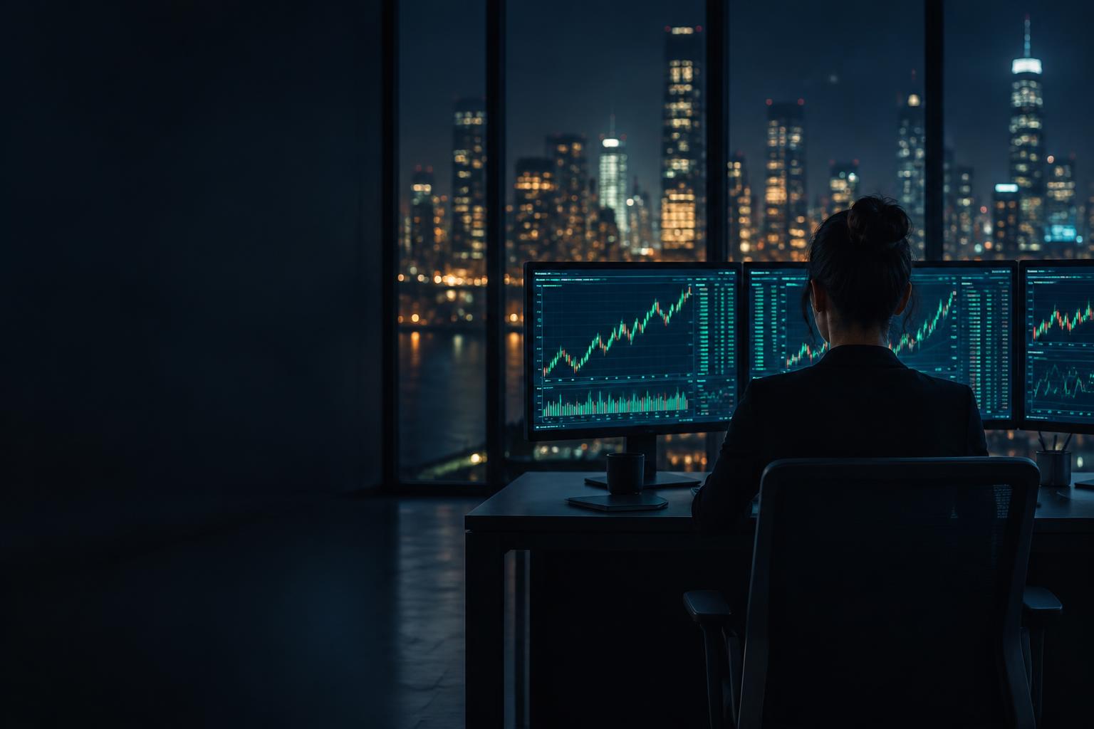 Trader reviewing market charts at a multi-monitor workstation at night